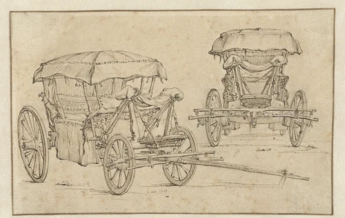 Reiswagen uit twee verschillende hoeken gezien by Jan van de Velde, drawing, 1603-1641