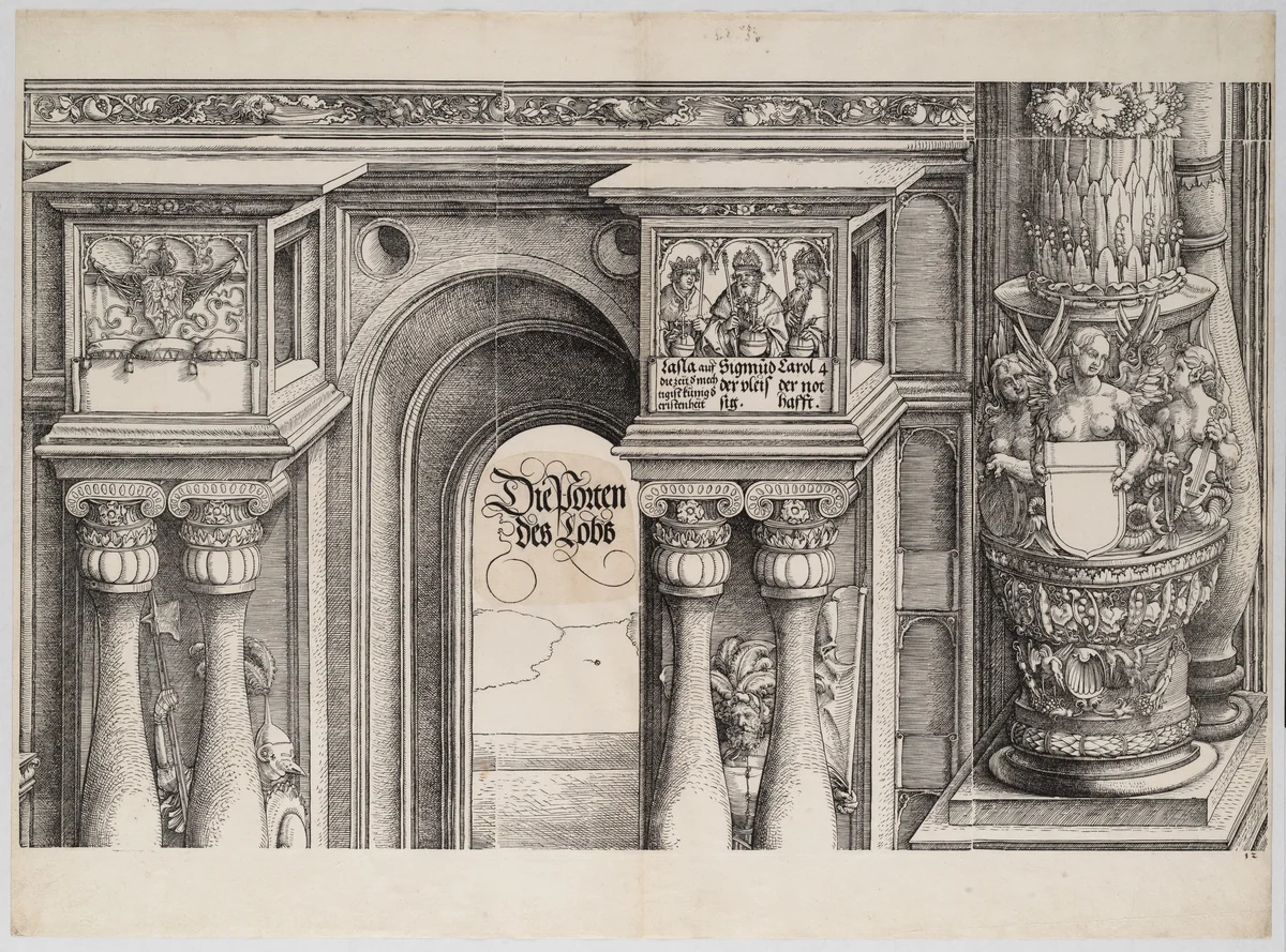 The Arch in the Entryway of the Left Portal (Die Porten des Lobs); and the Outer Left Column of the Central Portal, from the Arch of Honor, proof, dated 1515, printed 1517-18 by Hans Springinklee, print, 1515