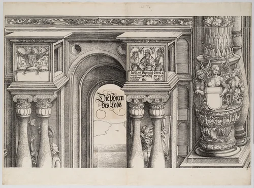 The Arch in the Entryway of the Left Portal (Die Porten des Lobs); and the Outer Left Column of the Central Portal, from the Arch of Honor, proof, dated 1515, printed 1517-18 by Hans Springinklee, print, 1515