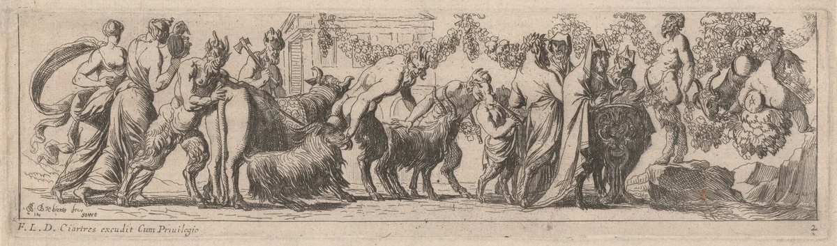 Satyrs Bringing Animals to an Altar by Pierre Brebiette; François Langlois, print, 1626