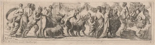 Satyrs Bringing Animals to an Altar by Pierre Brebiette; François Langlois, print, 1626