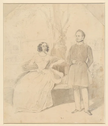 Koning Friedrich Wilhelm IV van Pruisen en zijn gemalin Elisabeth van Beieren in het park van het Slot te Berlijn by Theodor Hosemann, drawing, 1841