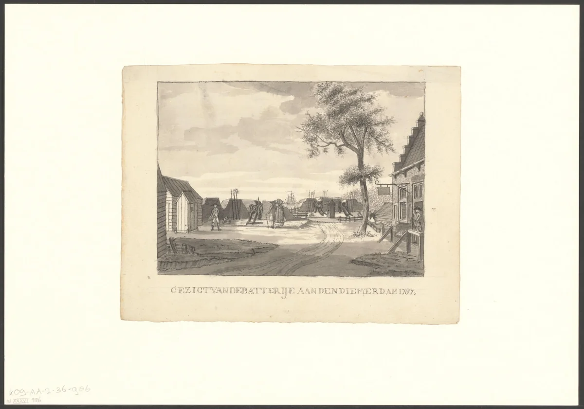 Gezicht op een batterij aan de Diemerdam by anonymous, drawing, 1787-1899