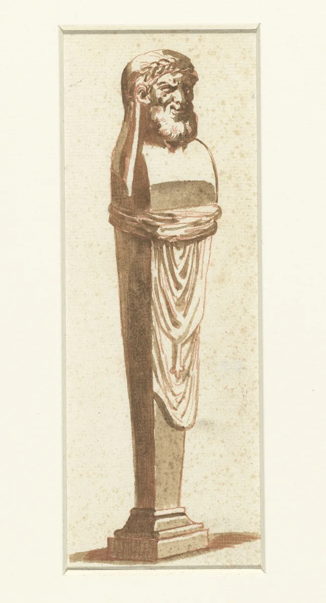 Herme, met kop van een bekranste, glimlachende grijsaard by Etienne de Lavallée-Poussin, drawing, 1762-1777