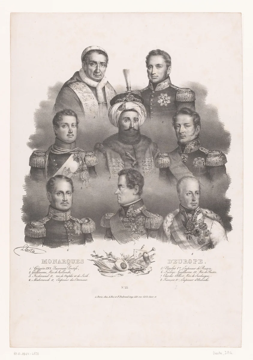 Portretten van acht Europese vorsten uit de eerste helft van de negentiende eeuw by Jacques François Gauderique Llanta, print, 1831-1834