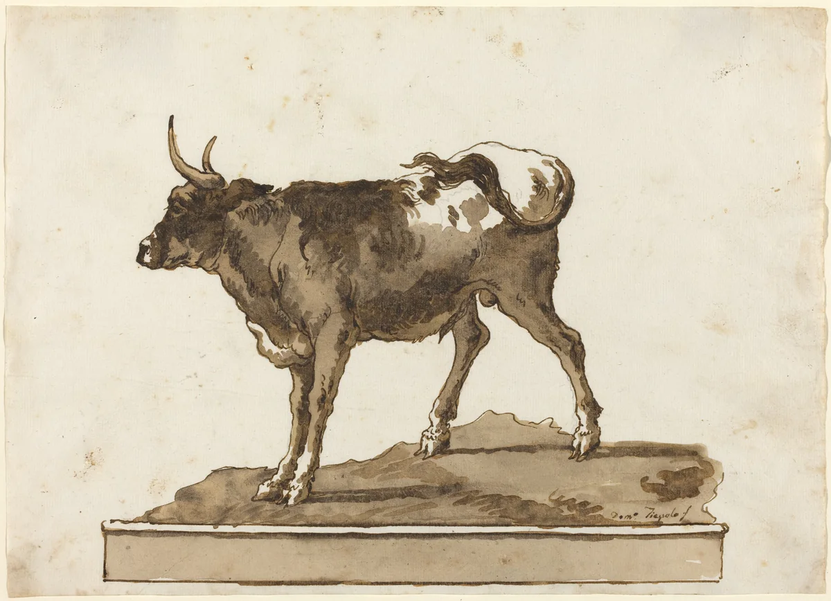 A Bull on a Ledge by Giovanni Domenico Tiepolo, drawing, 1770-1779