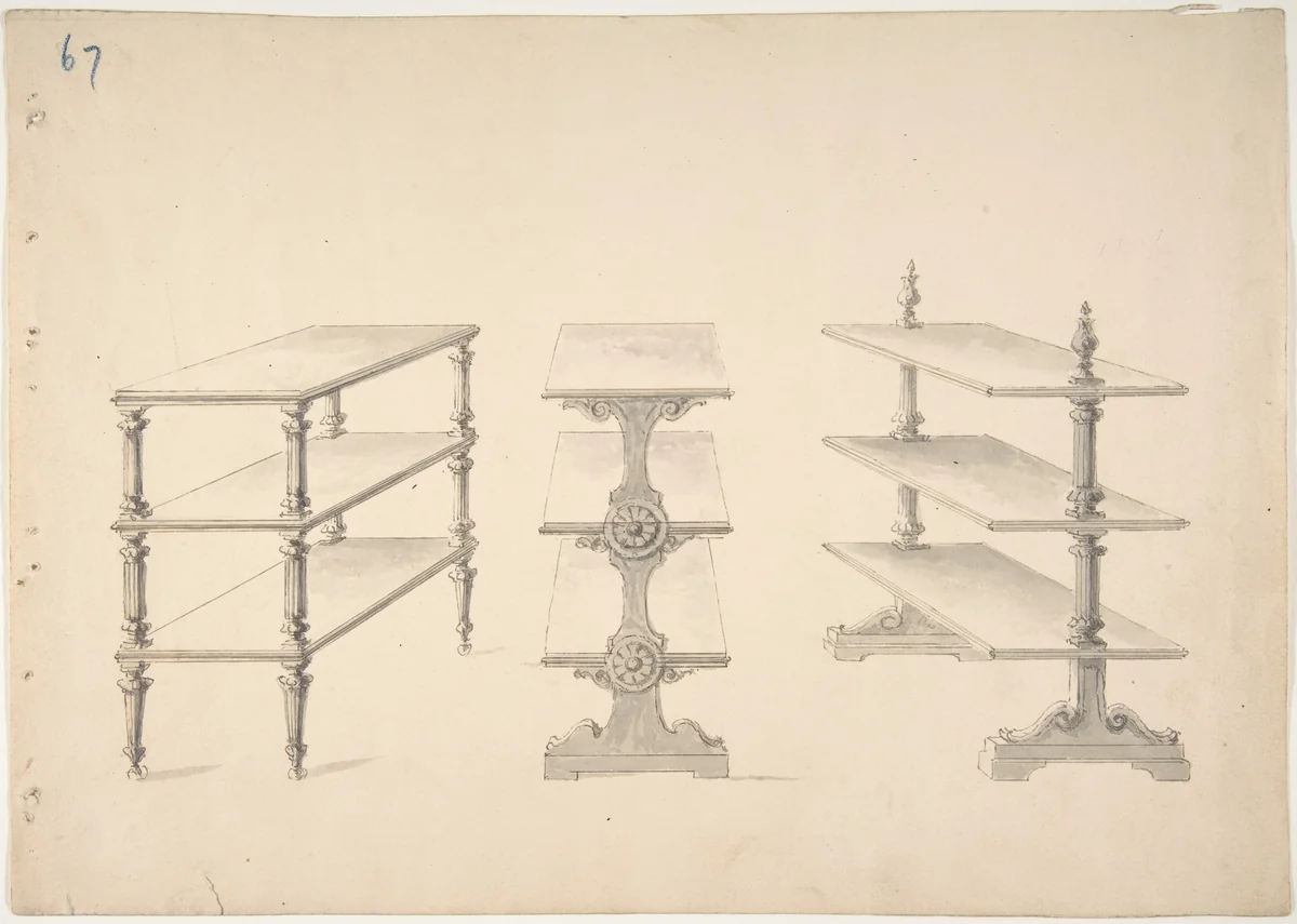 Design for Three Sets of Shelves by anonymous, drawing, 1800-1850
