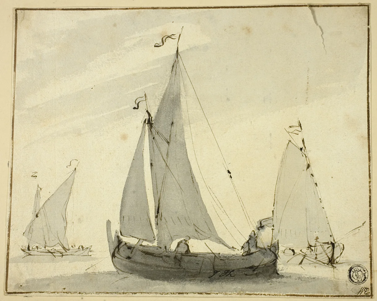 Three Sailboats by Willem van de Velde, drawing, 1653-1707