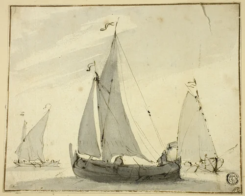 Three Sailboats by Willem van de Velde, drawing, 1653-1707