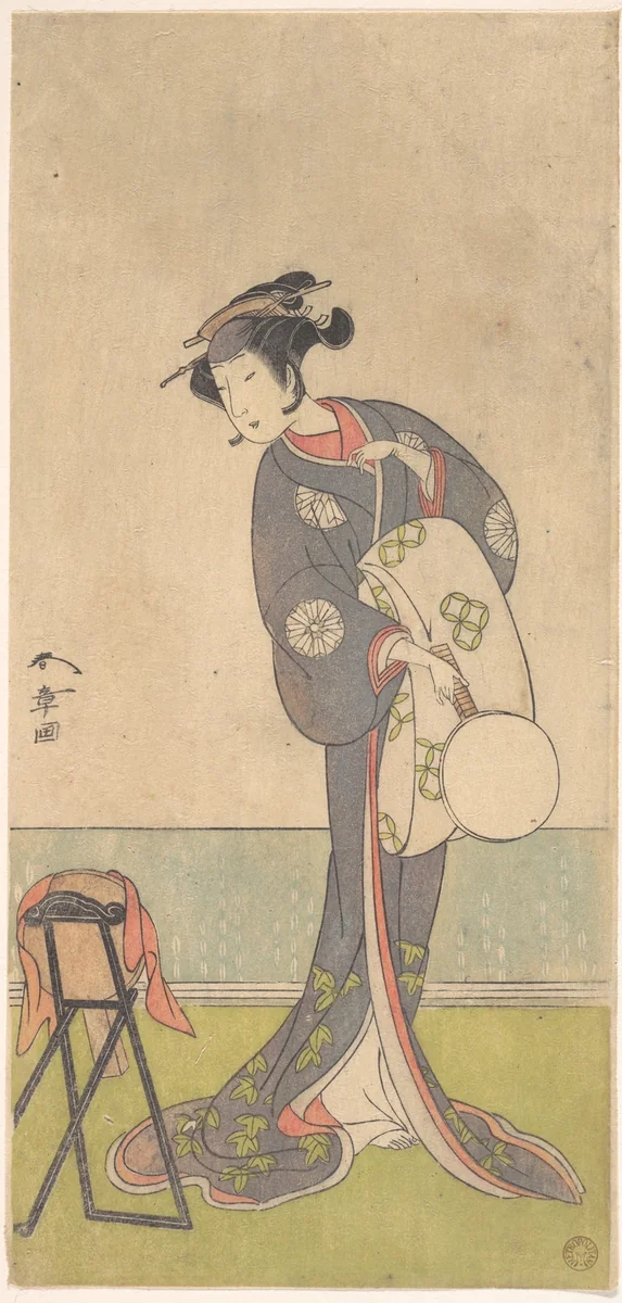 The First Nakamura Tomijuro as an Oiran Standing in a Room by Katsukawa Shunshô (勝川春章), print, 1771