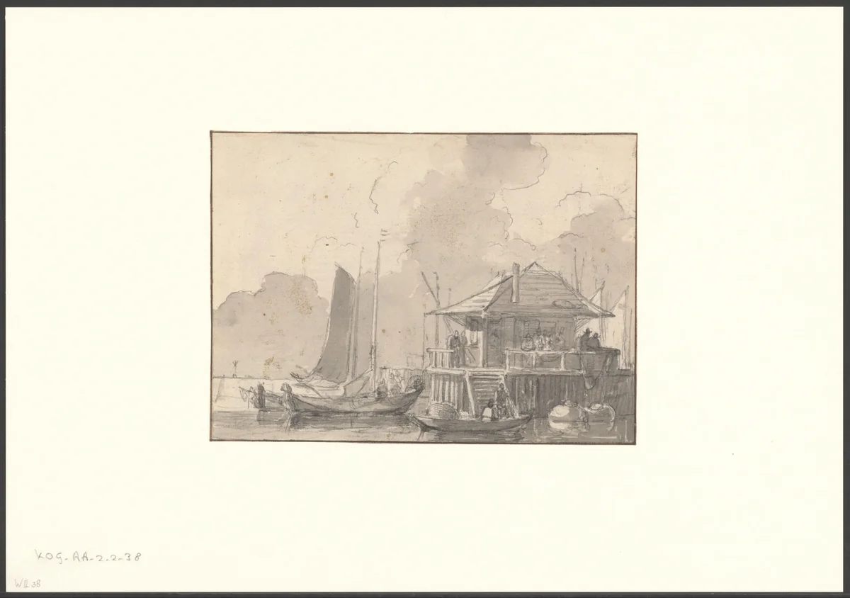 Gezicht op bothuisjes en aangemeerde vissersboten op het IJ by anonymous, drawing, 1700-1850