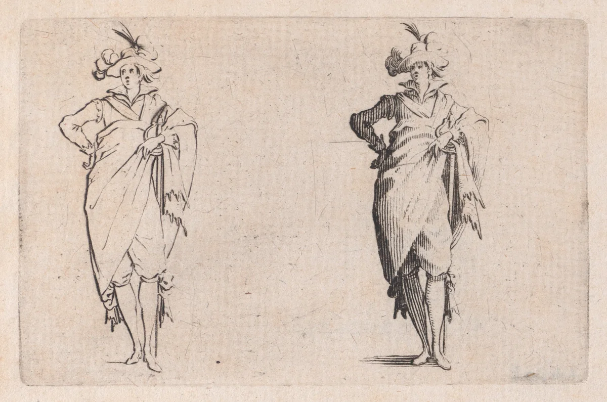 Le Gentilhomme de Face, la Main Droite sur la Hanche (The Gentleman Facing the Front, his Right Hand on his Hip), from "Les Caprices" Series B, The Nancy Set by Jacques Callot, print, 1617-1620