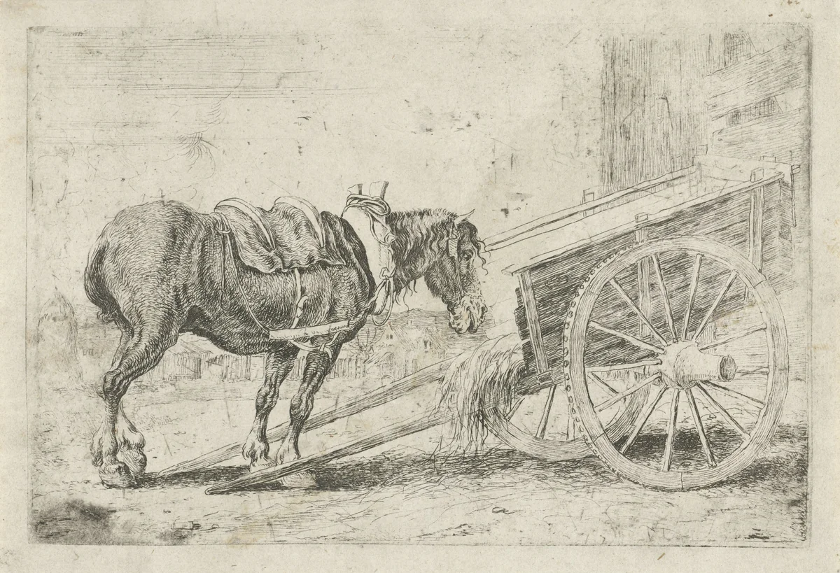 Paard bij een kar by Jan van den Hecke, print, 1656