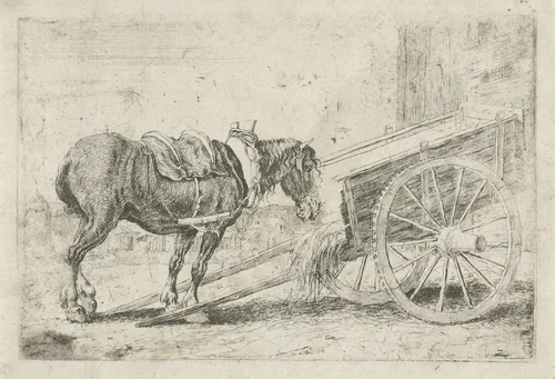 Paard bij een kar by Jan van den Hecke, print, 1656