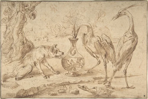 Fox With Two Herons by Frans Snyders, drawing, 1625-1645