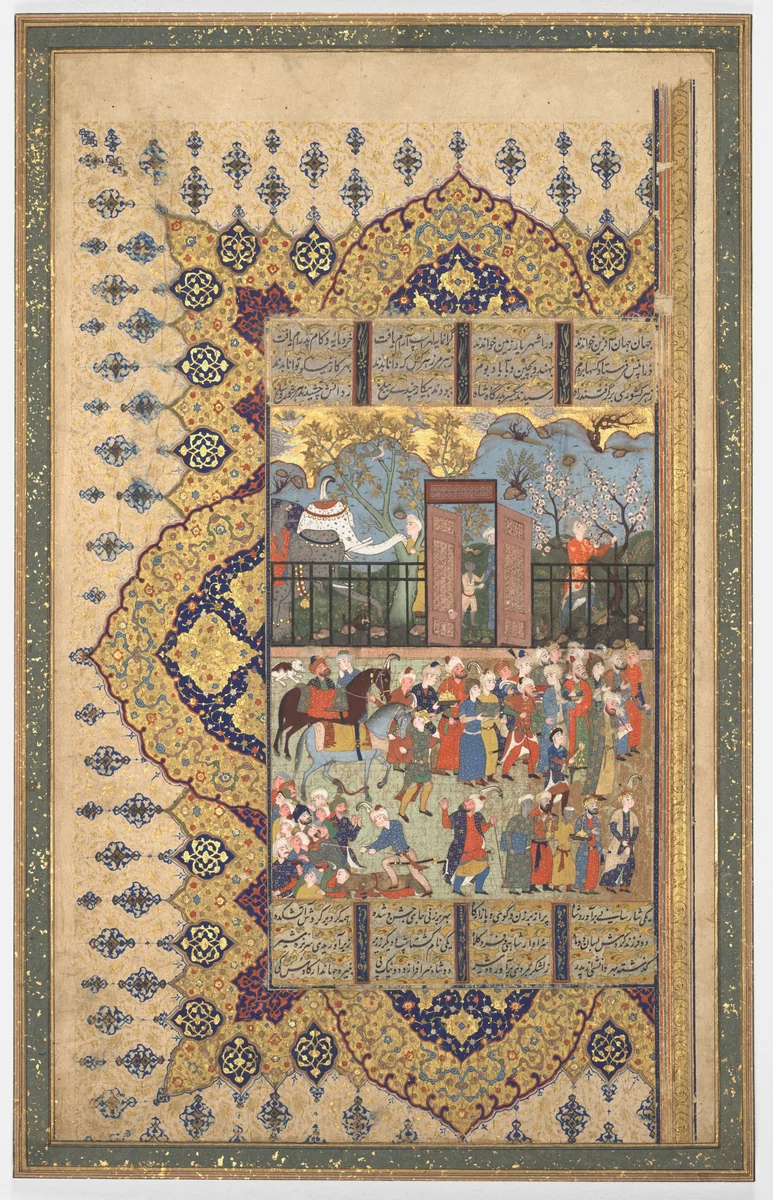 King Luhrasp Ascends the Throne: a Processon Arrives at Court (recto); the Story of King Luhrasp (verso) from a Shahnama (Book of Kings) of Firdausi (940-1019 or 1025) by Unknown, manuscript, 1560-1590