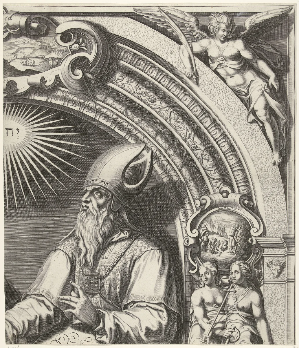 Mozes en Aäron met de Tafelen der Wet (blad rechtsboven) by Simon Frisius, print, 1670-1726