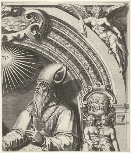 Mozes en Aäron met de Tafelen der Wet (blad rechtsboven) by Simon Frisius, print, 1670-1726