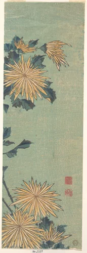 Yellow Chrysanthemums on a Blue Ground by Katsushika Hokusai (葛飾 北斎), print, 1815-1835