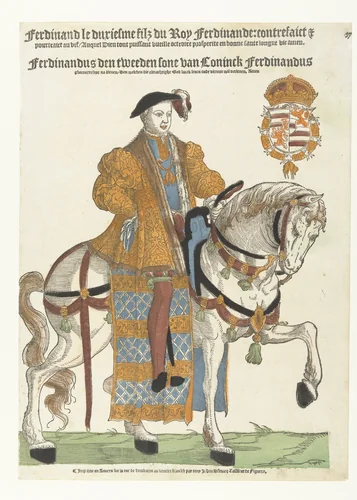 Portret van Ferdinand van Tirol te paard by Hans Liefrinck, print, 1539-1564