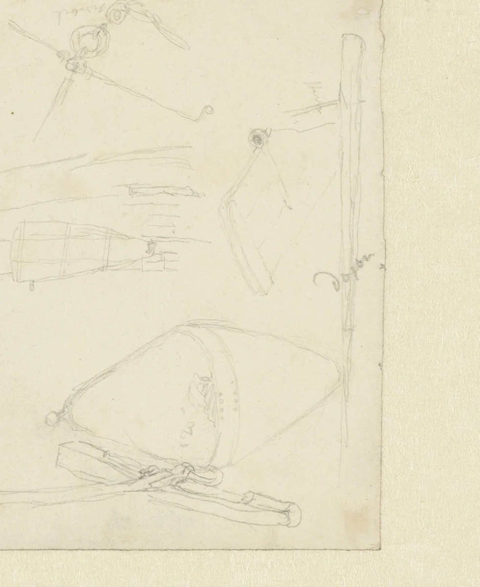 Romp van een schip met een zwaard, een boei en onderdelen van een anker by John Linnell, drawing, 1802-1882