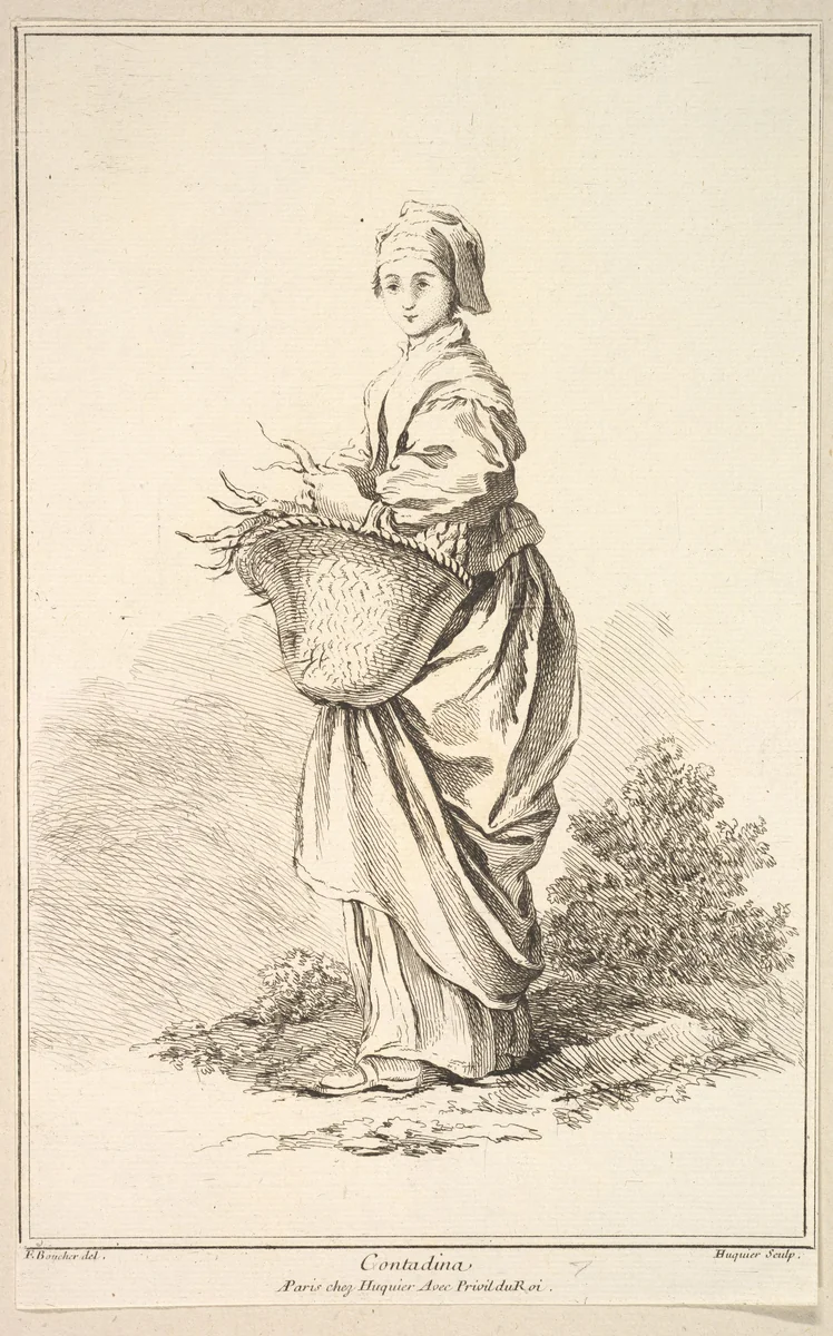 Contadina, plate 11 from "Recueil de diverses fig.res étrangeres Inventées par F. Boucher P.tre du Roy et Gravées par F. Ravenet" (Collection of Various Foreign Figures, Devised by F. Boucher, Painter of the King and Engraved [etched] by F. Ravenet) by Gabriel Huquier, print, 1710-1772