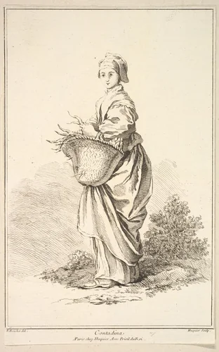 Contadina, plate 11 from "Recueil de diverses fig.res étrangeres Inventées par F. Boucher P.tre du Roy et Gravées par F. Ravenet" (Collection of Various Foreign Figures, Devised by F. Boucher, Painter of the King and Engraved [etched] by F. Ravenet) by Gabriel Huquier, print, 1710-1772