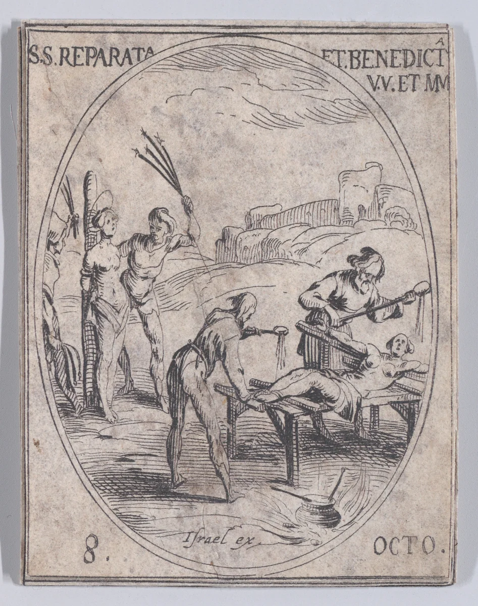 Ste. Reparate et Ste. Benoite, vierges et martyres (St. Reparata and St. Benedicta, Virgins and Martyrs), October 8th, from "Les Images De Tous Les Saincts et Saintes de L'Année" (Images of All of the Saints and Religious Events of the Year) by Jacques Callot, print, 1636