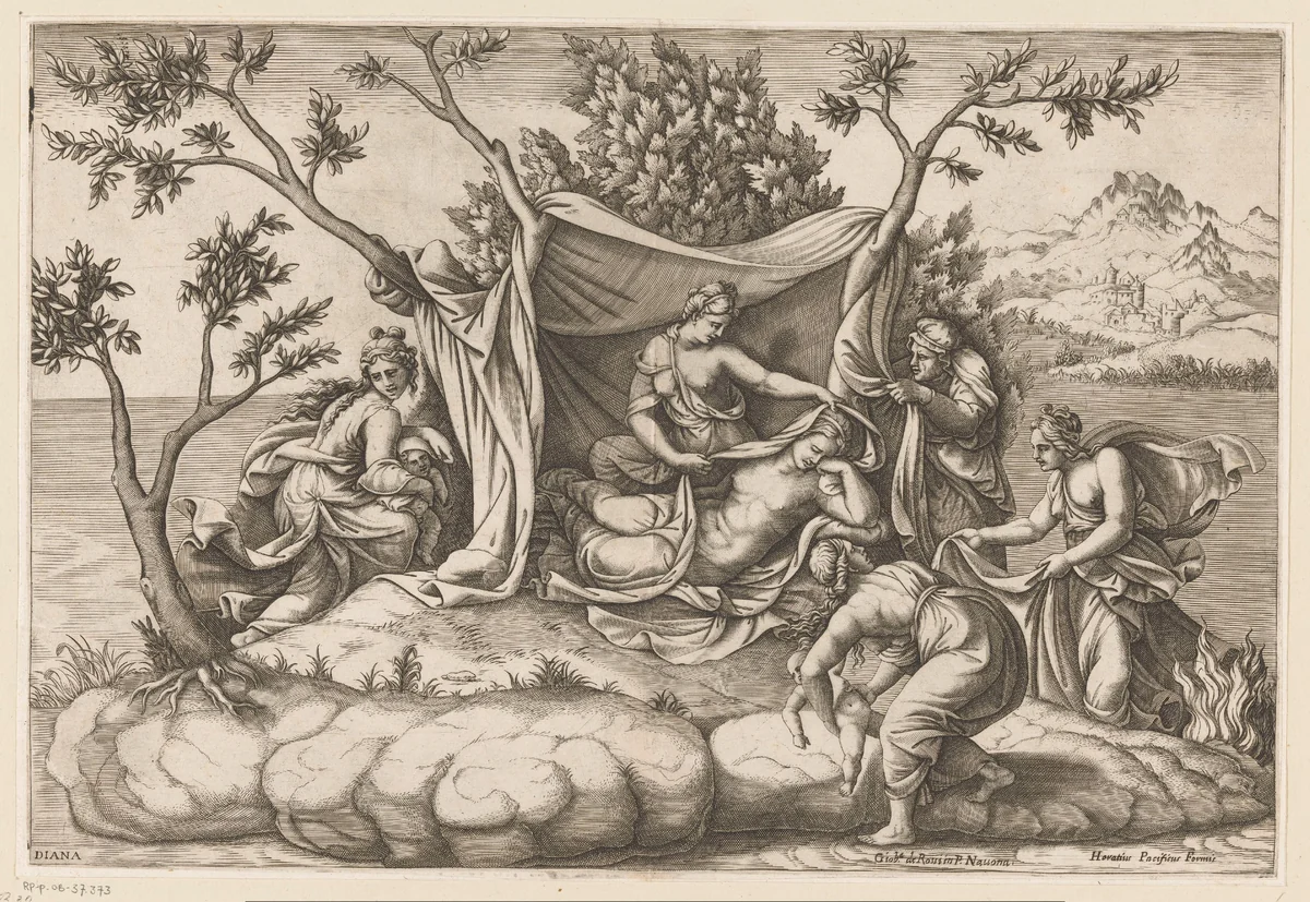 Leto na de geboorte van Apollo en Diana by Unknown, print, 1557-1612