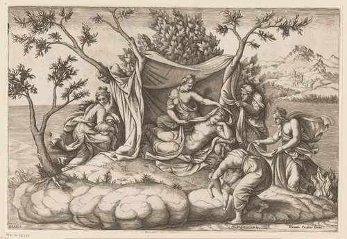 Leto na de geboorte van Apollo en Diana by Unknown, print, 1557-1612