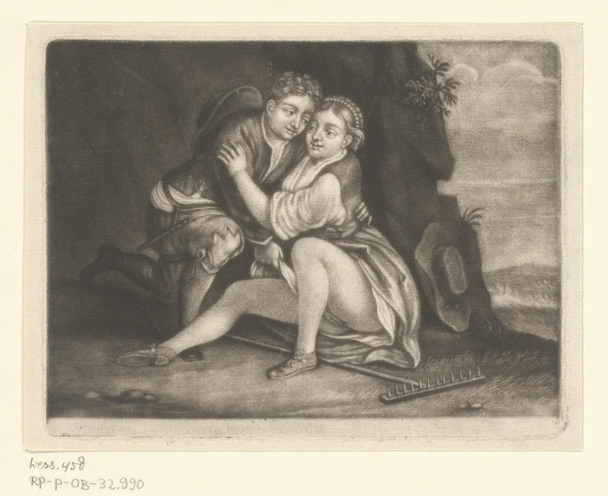 Vrijend stel bij de rots by John Smith, print, 1662-1742