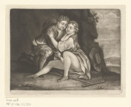 Vrijend stel bij de rots by John Smith, print, 1662-1742