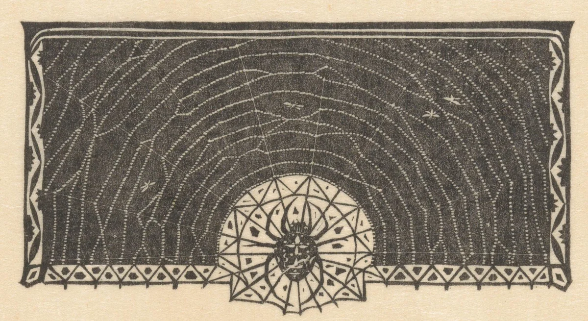 Titelhoofd met kruisspin en spinnenweb by Gerrit Willem Dijsselhof, print, 1893