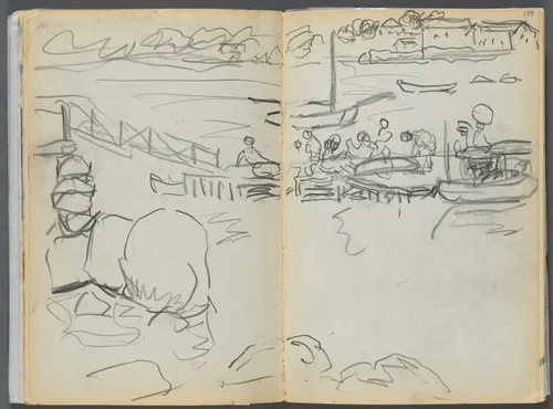 Sketchbook- The Granite Shore Hotel, Rockport, page 136 & 137: The Dock by Maurice Prendergast, book, 1905-1910