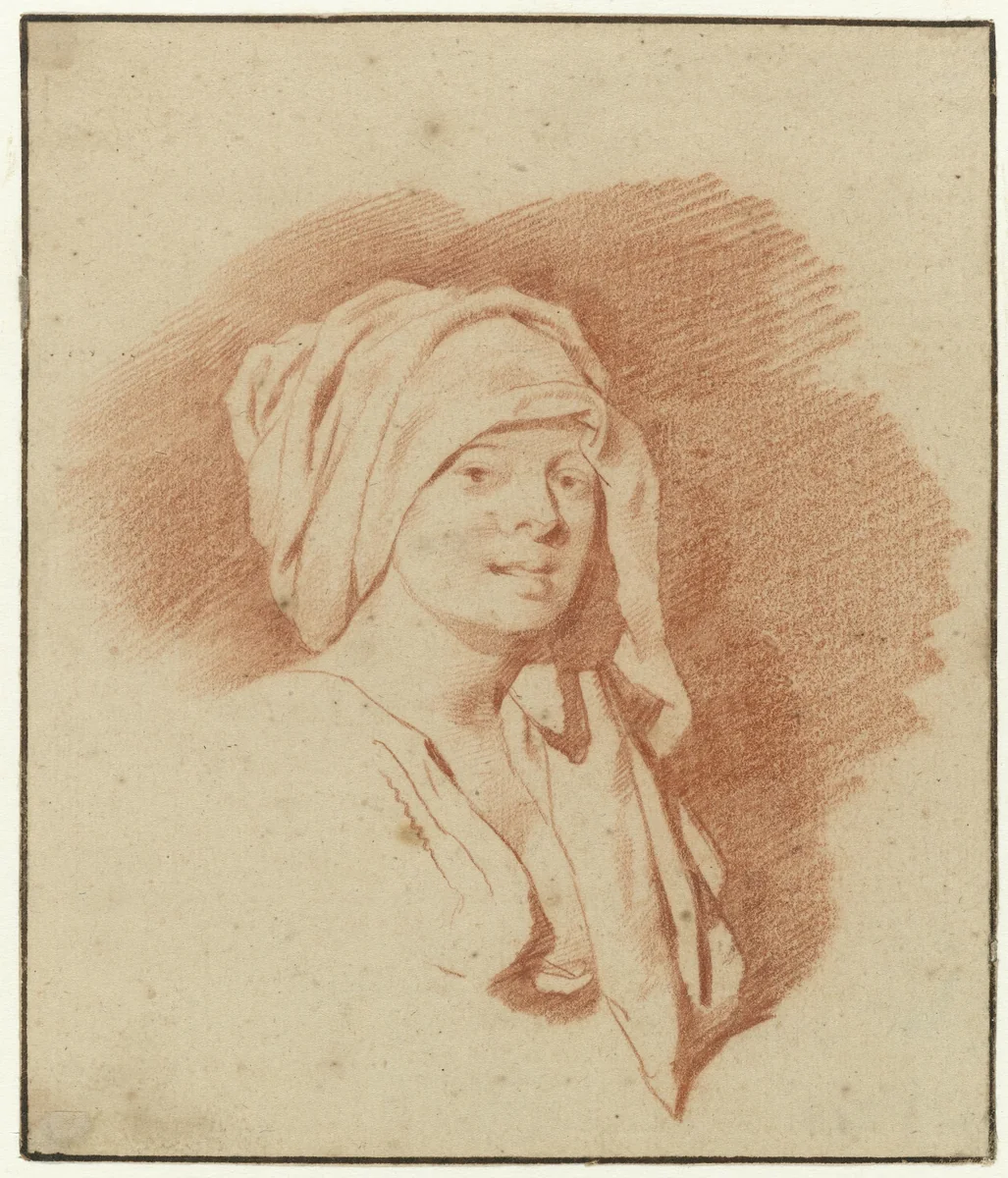 Study of a Woman, Bust Length, Wearing a Headdress, Facing Right by Cornelis Pietersz. Bega, drawing, 1660-1662