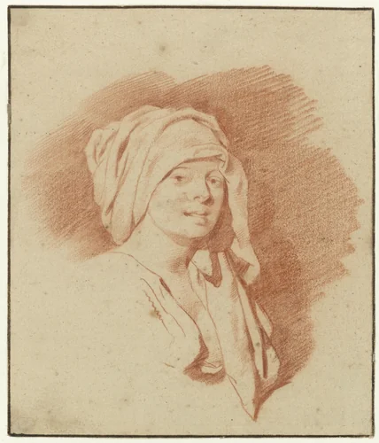 Study of a Woman, Bust Length, Wearing a Headdress, Facing Right by Cornelis Pietersz. Bega, drawing, 1660-1662