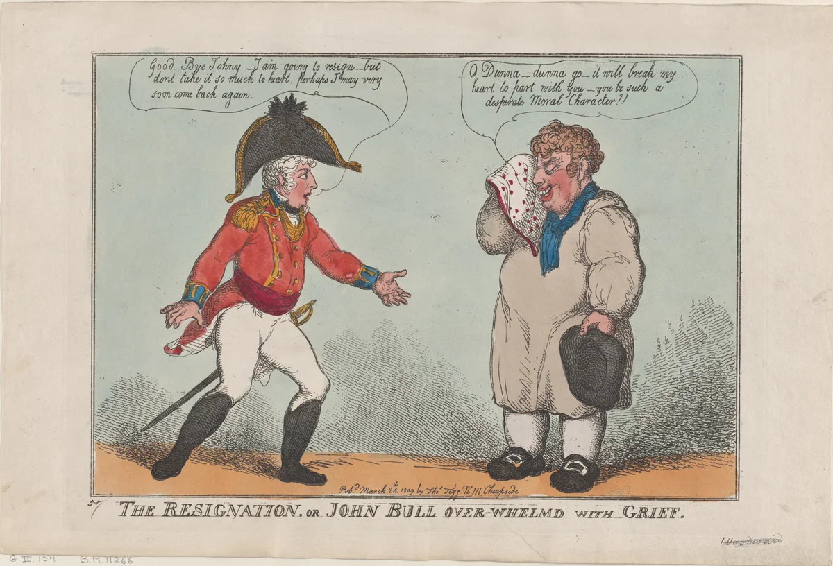 The Resignation, or John Bull Over-Whelmed with Grief by Thomas Rowlandson, print, 1809
