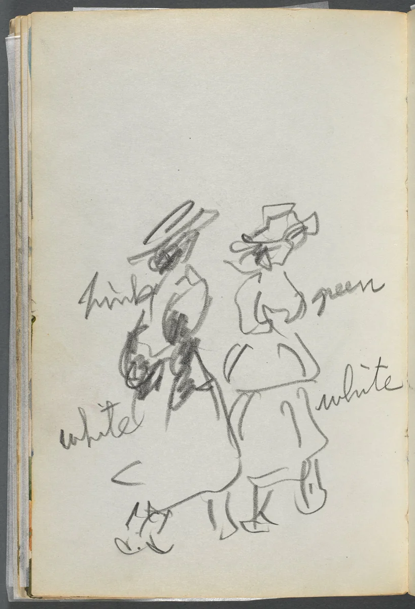 Sketchbook, The Dells, N° 127, page 144: Two Figures walking with color notations by Maurice Prendergast, book, 1919-1921