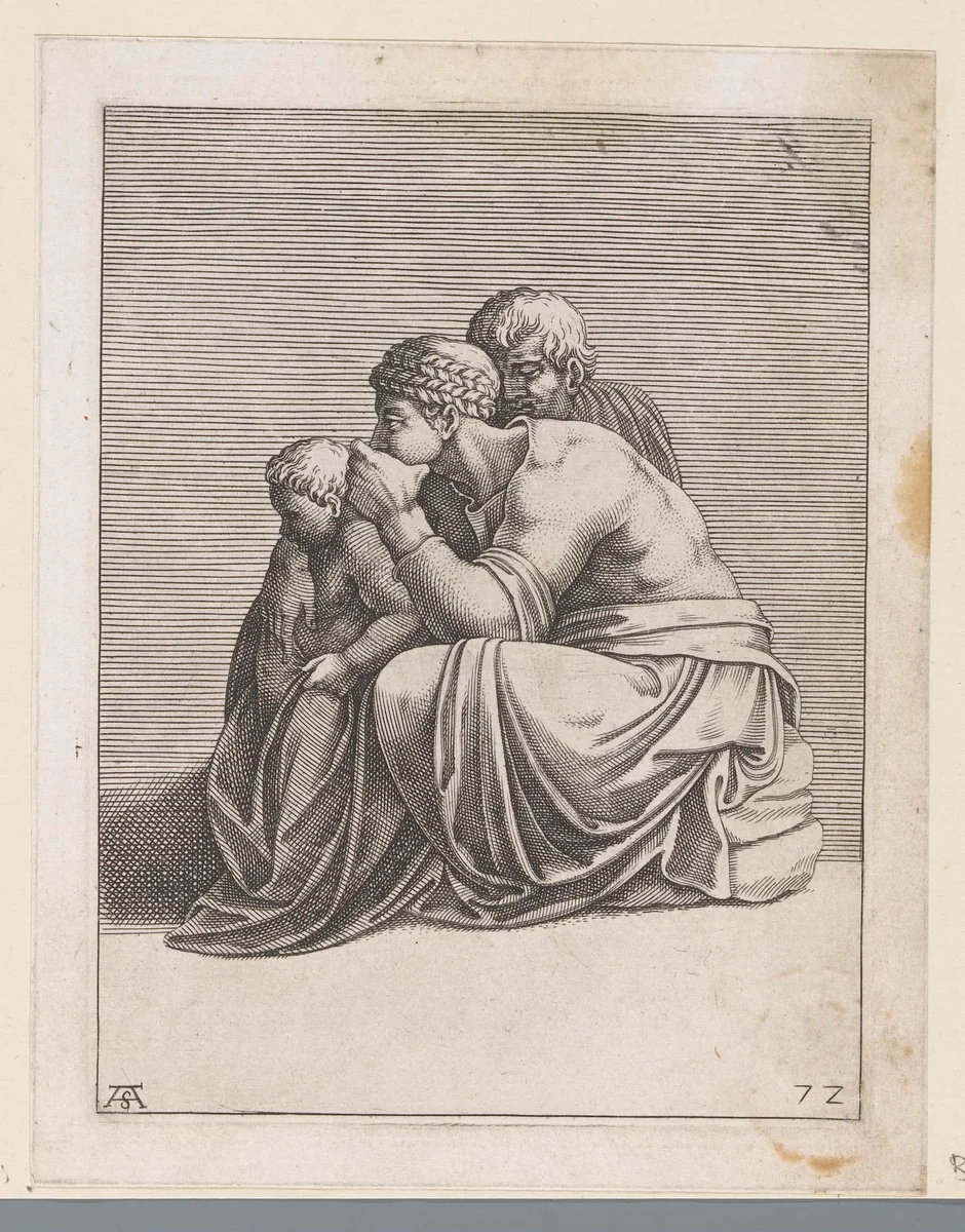 Zittende vrouw met man en kind by Unknown, print, 1585