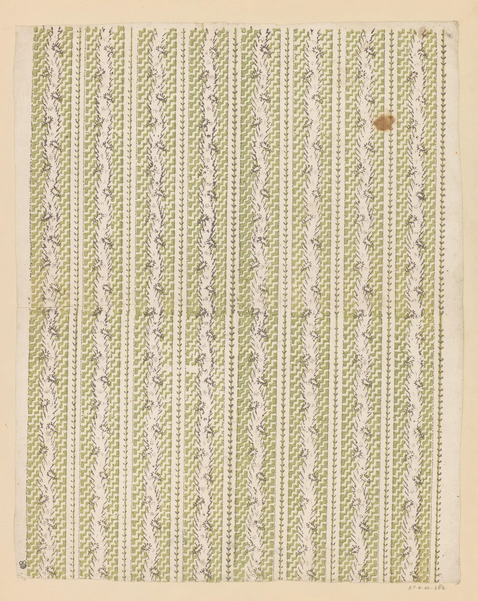 Blad met banenpatroon van slingerende band met takjes op een fond met trapmotief en rechte ranken by anonymous, print, 1700-1850