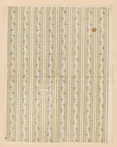 Blad met banenpatroon van slingerende band met takjes op een fond met trapmotief en rechte ranken by anonymous, print, 1700-1850