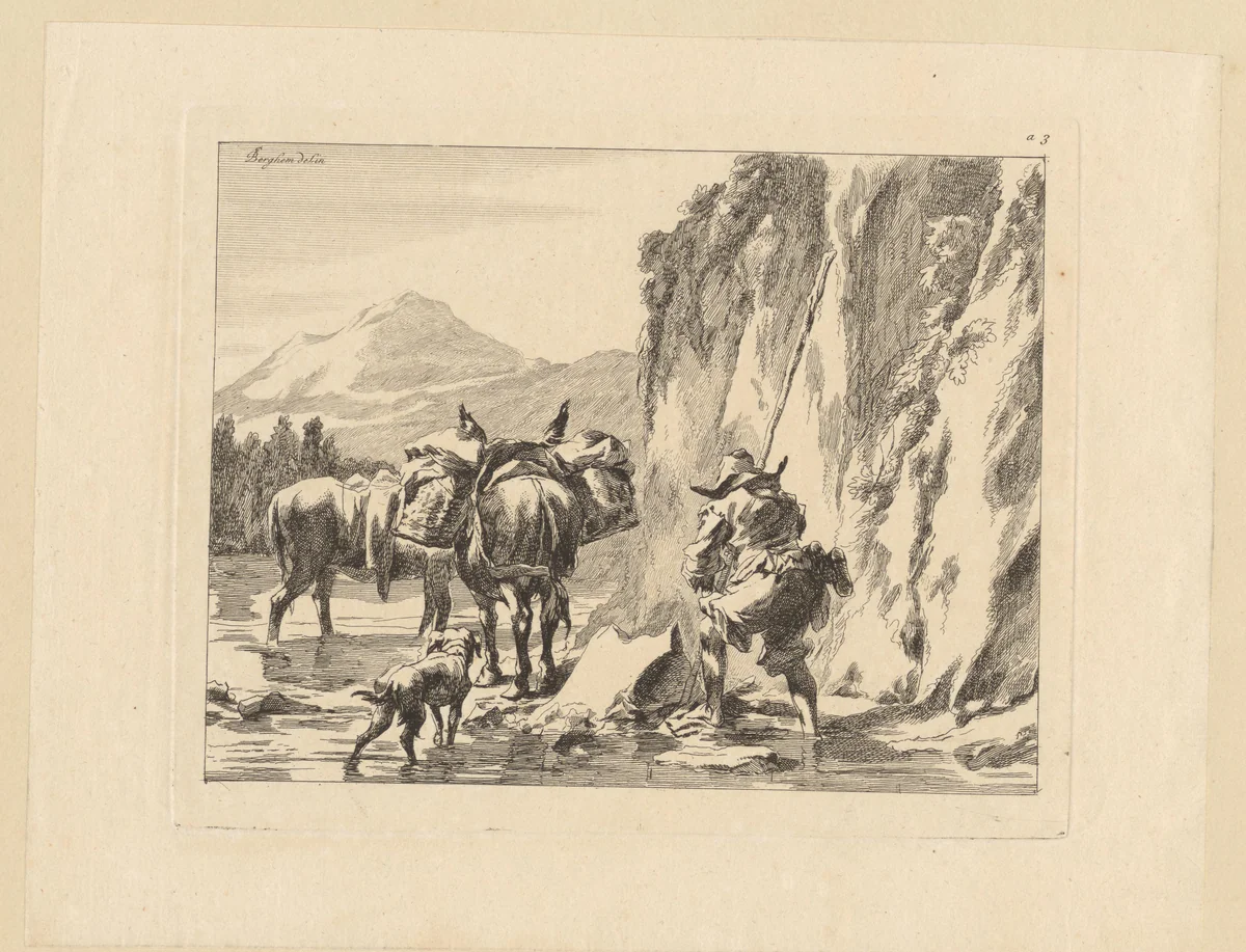 Twee ezels, een hond en een herder waden langs een rotswand by François Vivares, print, 1719-1780