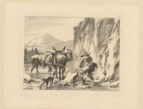 Twee ezels, een hond en een herder waden langs een rotswand by François Vivares, print, 1719-1780