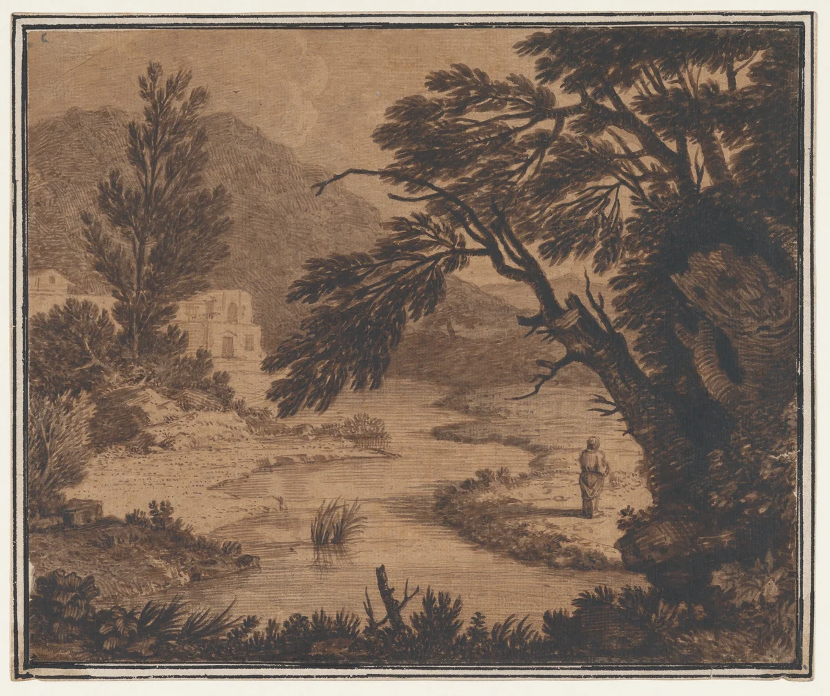Figure in a classical landscape by Alexander Cozens, drawing, 1755-1765