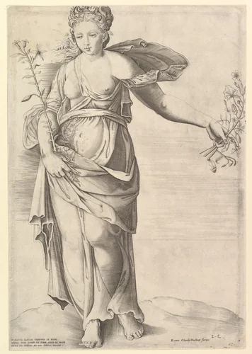 Flora, from "Speculum Romanae Magnificentiae" by anonymous, print, 1540-1570