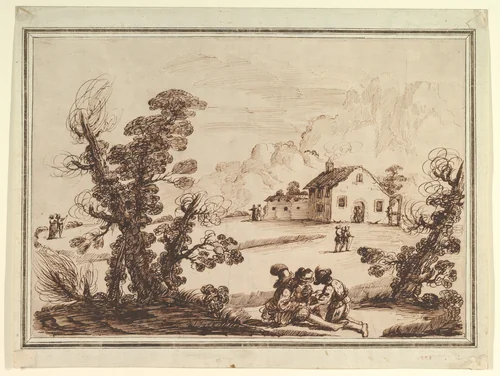 Landscape with Figures and a Farm House by Guercino, drawing, 1750-1780