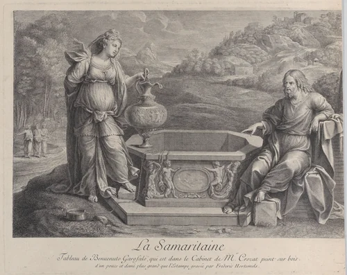 Christ, seated at right, and the woman of Samaria, who stands at left by Frédéric Horthemels, print, 1724-1734