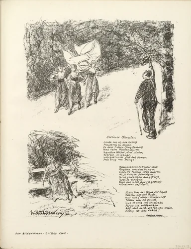 Untitled, illustration to Gottfried Keller's poem "Whitsuntide in Berlin" (Berliner Pfingsten) (border, 3rd song, folio 41) from the periodical Der Bildermann, supplement to vol. 1, no. 5 (Jun 1916) by Max Liebermann, periodical, 1916