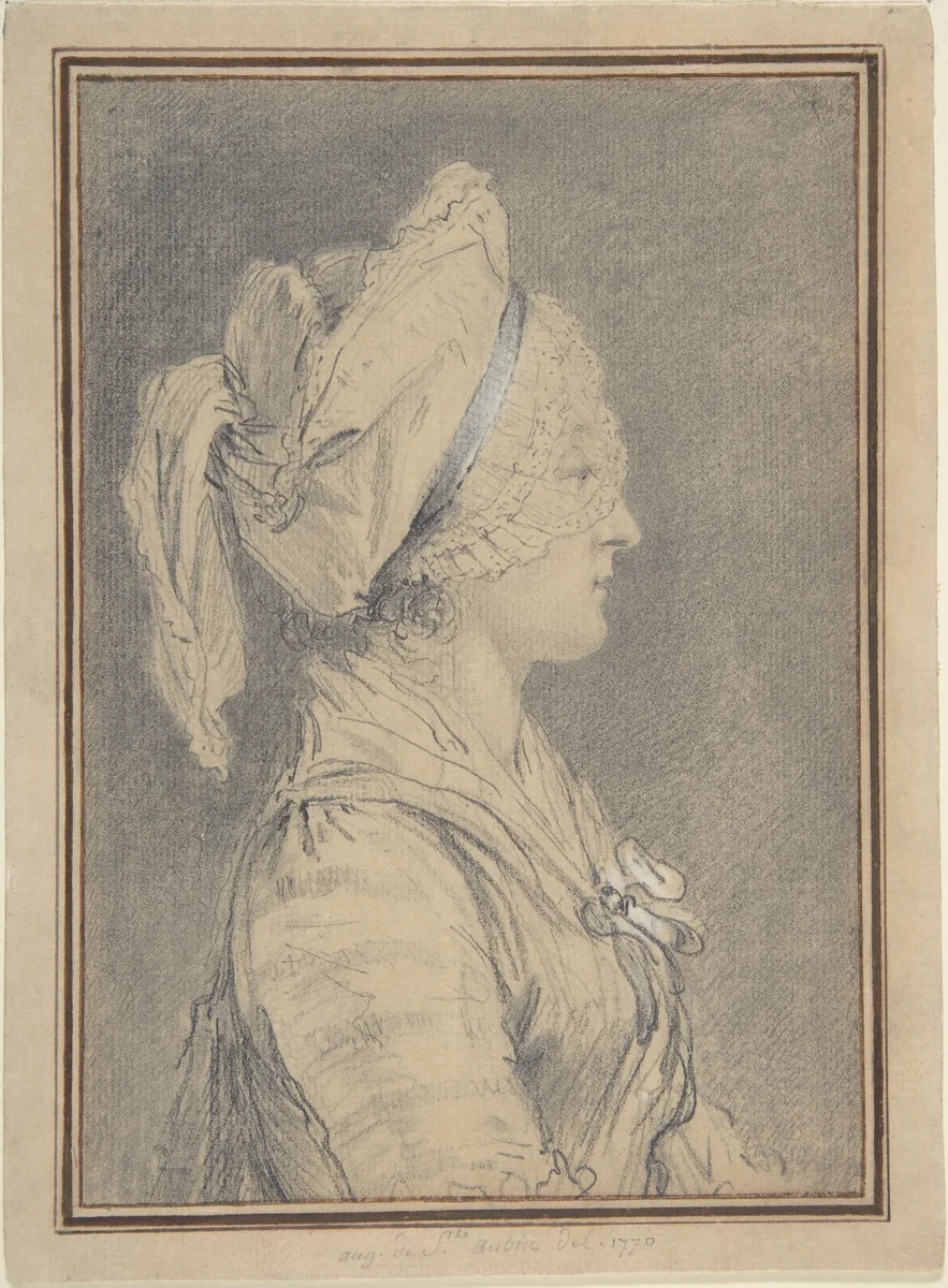 Half Figure of a Woman Wearing a Cap, in Profile to Right by Augustin de Saint-Aubin, drawing, 1770