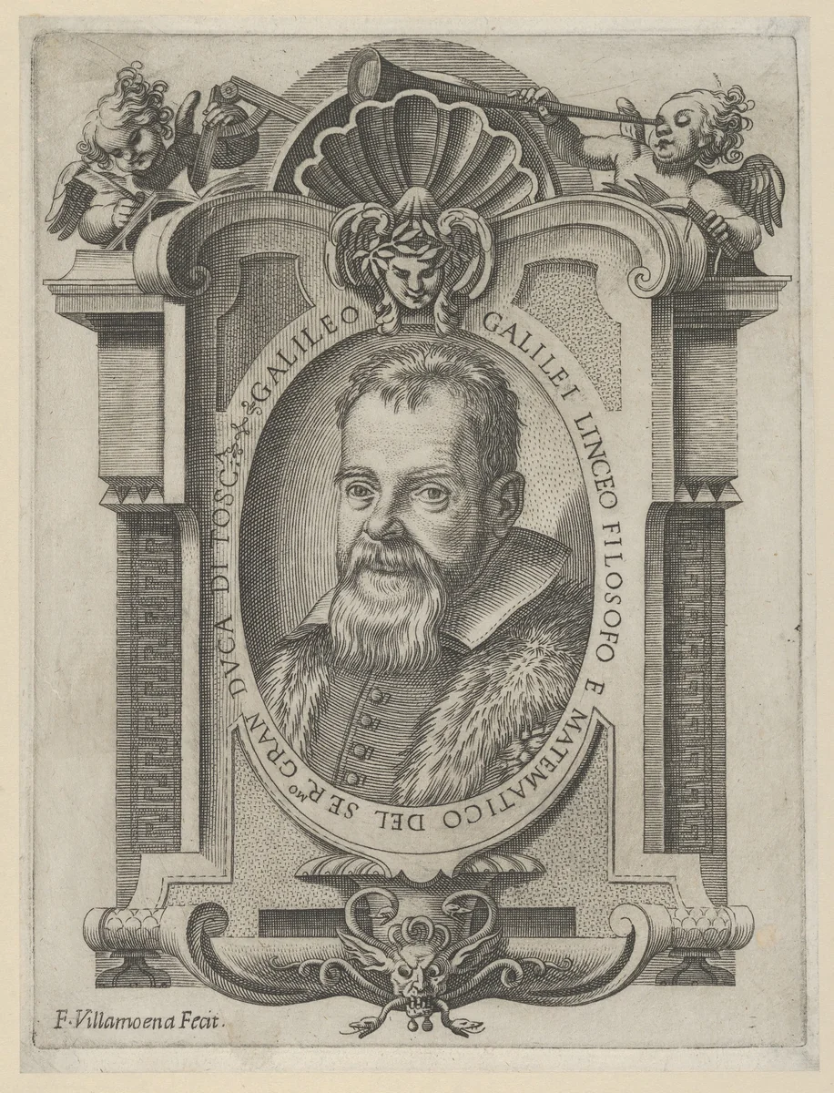 Portrait of Galileo Galilei set within an elaborate cartouche by Francesco Villamena, print, 1623